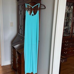 Boston Proper Aqua Dress with Gold Accents